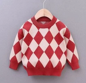 Kid's Long Sleeve Round Neck Geometric Plaid Pullover Sweater