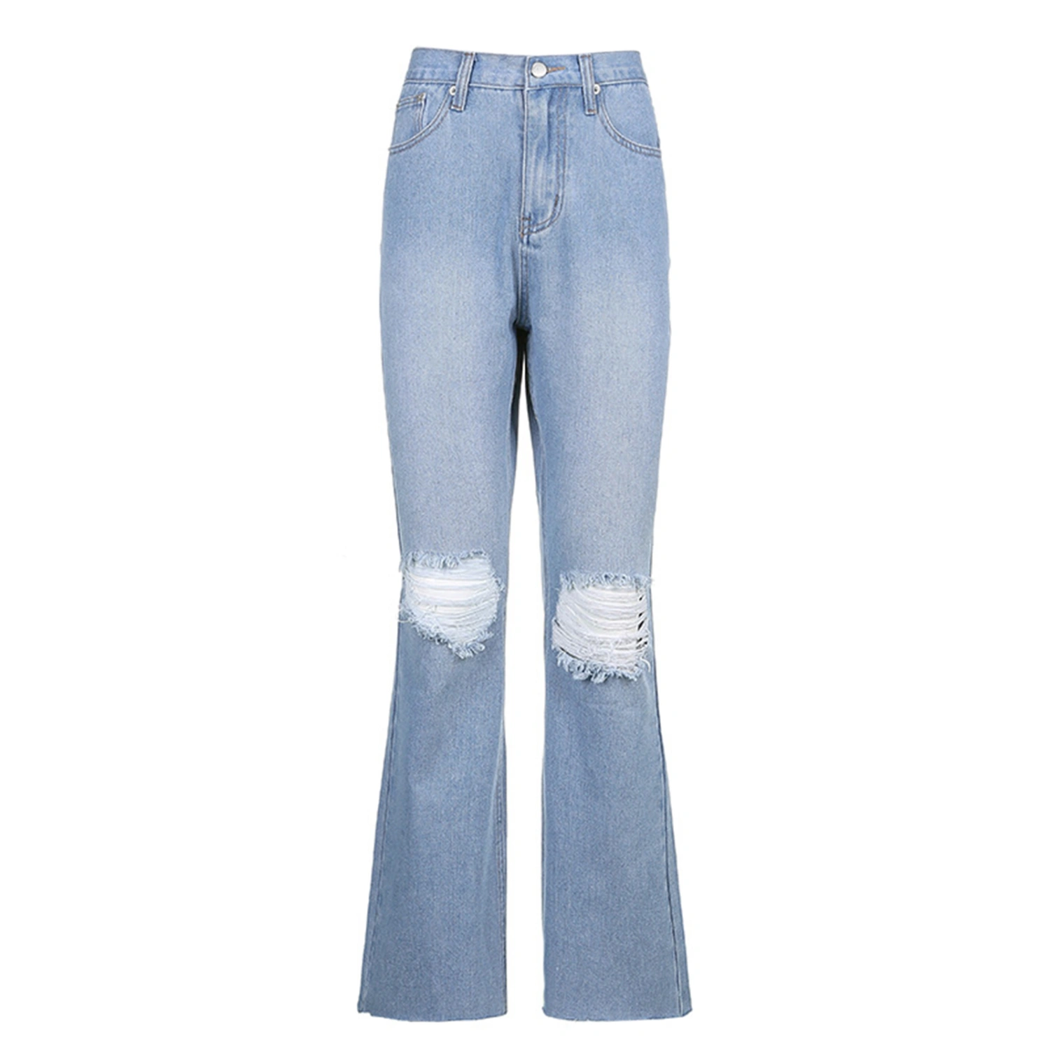Female Ripped Jeans, High Waist Flare Trousers Close-Fitting Pants