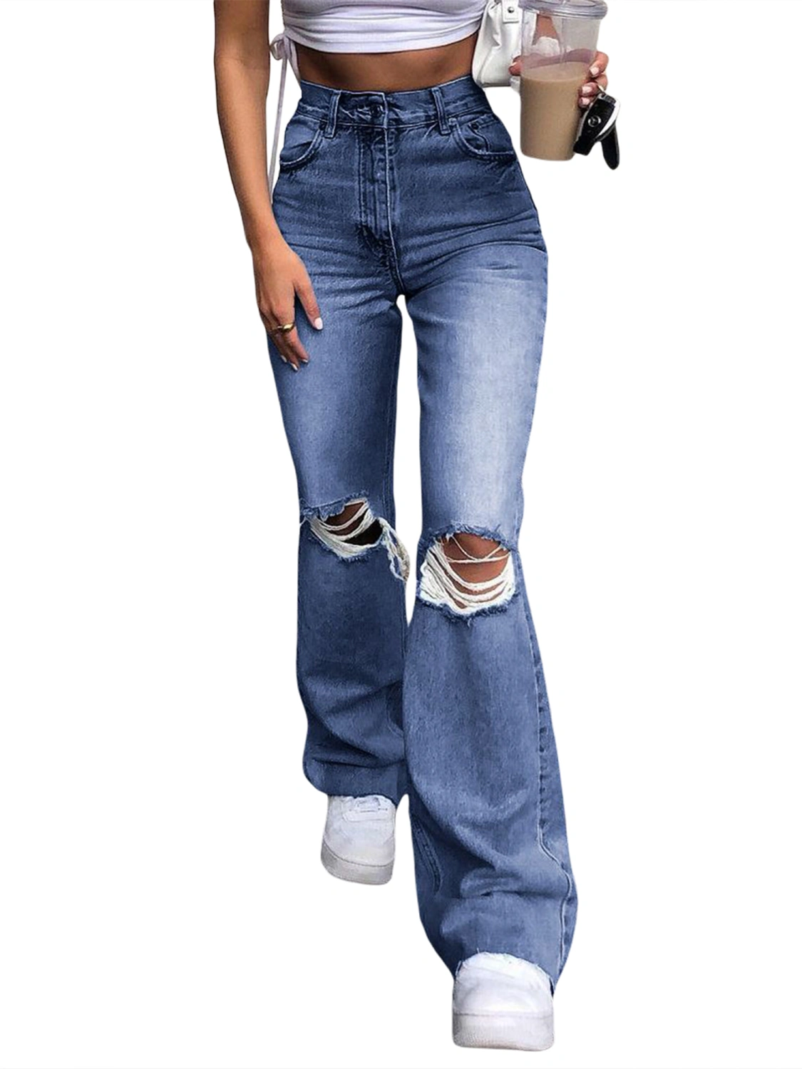 Female Ripped Jeans, High Waist Flare Trousers Close-Fitting Pants