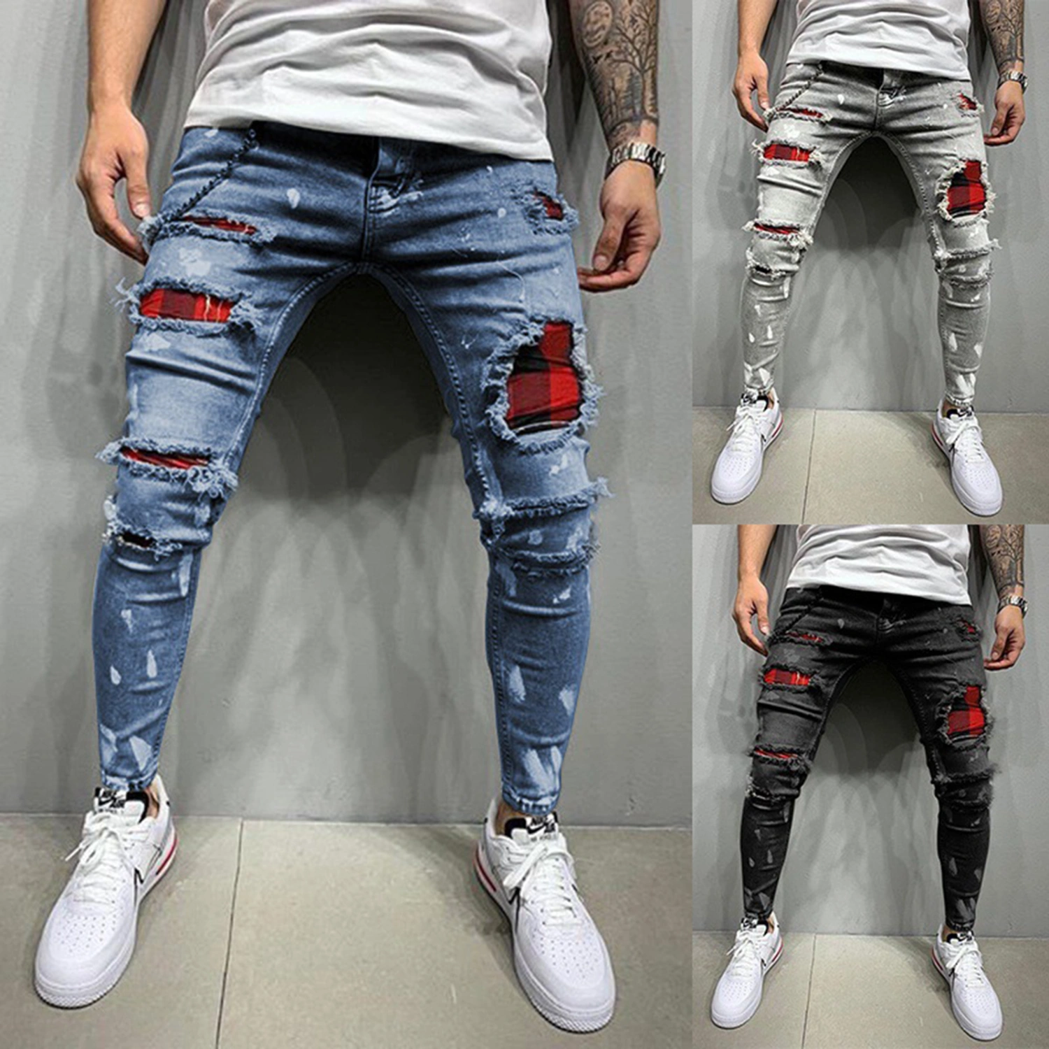 Men’ s Ripped Jeans, Boys High Waist Trousers Close-Fitting Pants