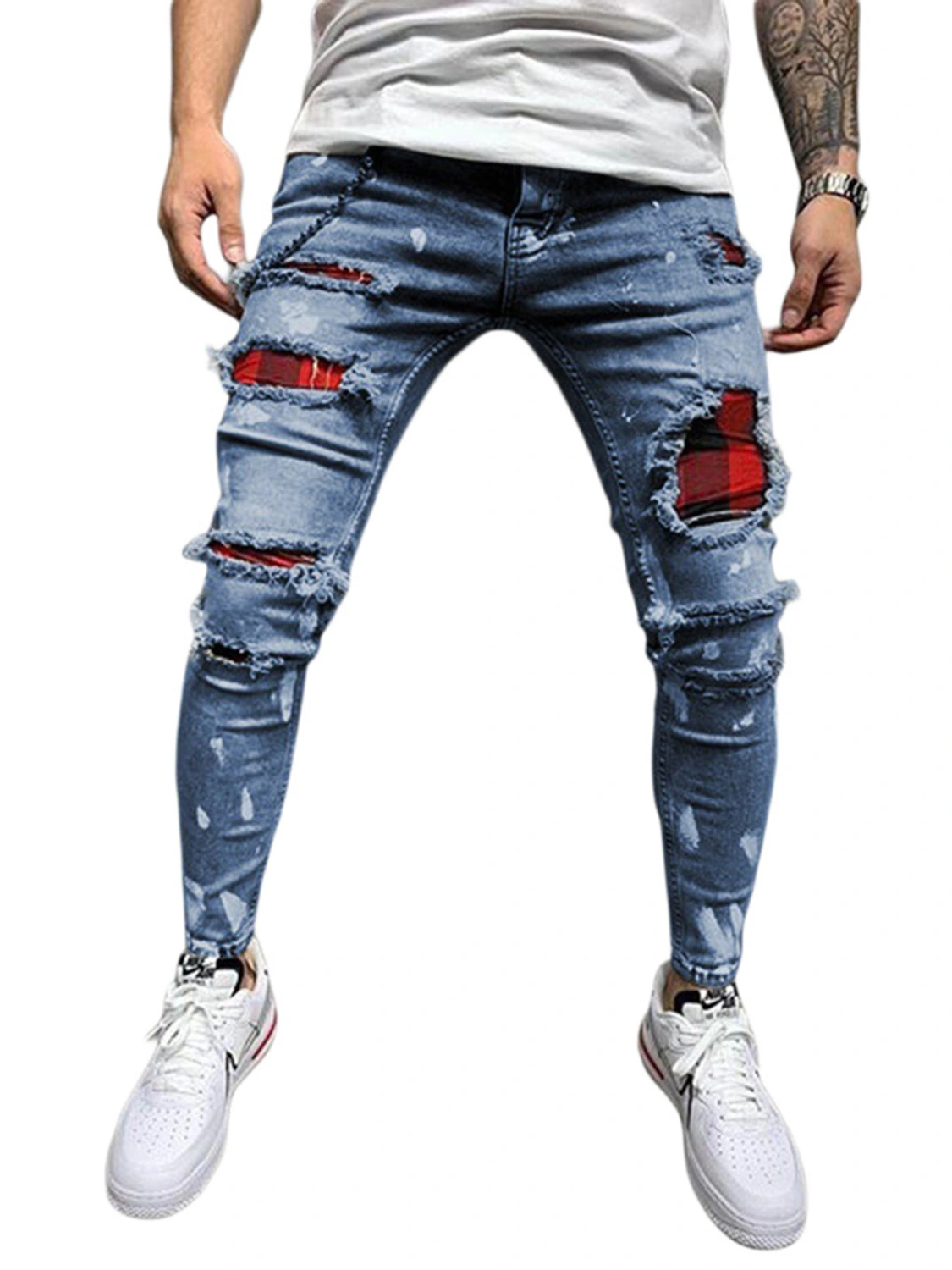 Men’ s Ripped Jeans, Boys High Waist Trousers Close-Fitting Pants
