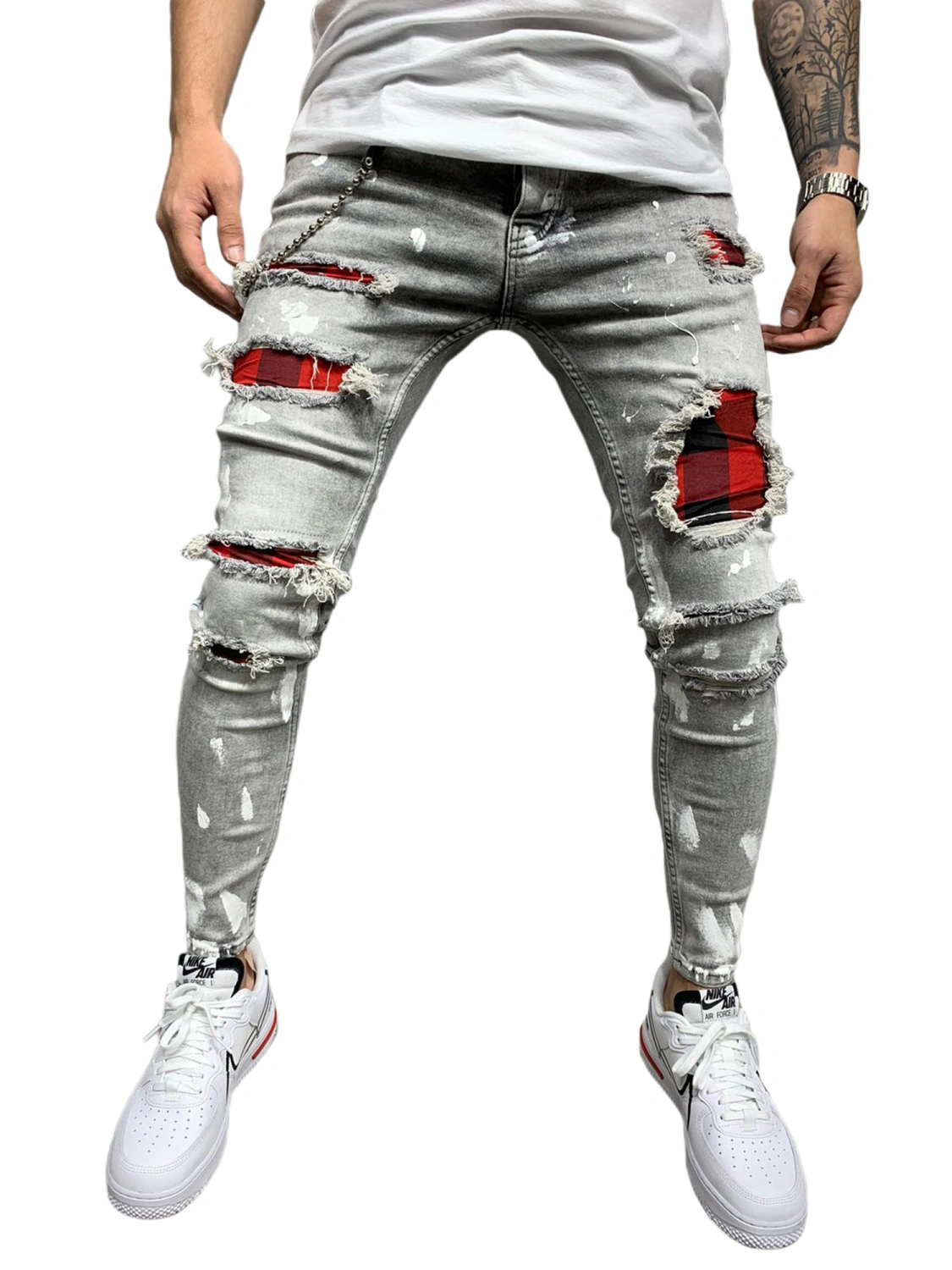 Men’ s Ripped Jeans, Boys High Waist Trousers Close-Fitting Pants