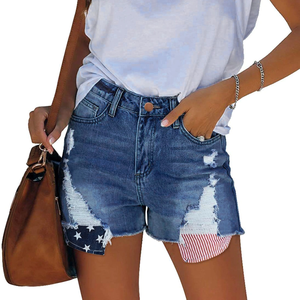 Women Denim Shorts, Patchwork Star and Stripe Patterns Ripped Jeans