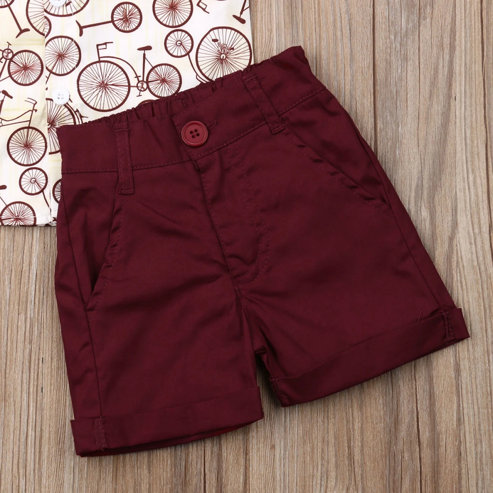 Baby Boy's Short Sleeve Bicycle Print Button Down Shirt + Wine Red Shorts