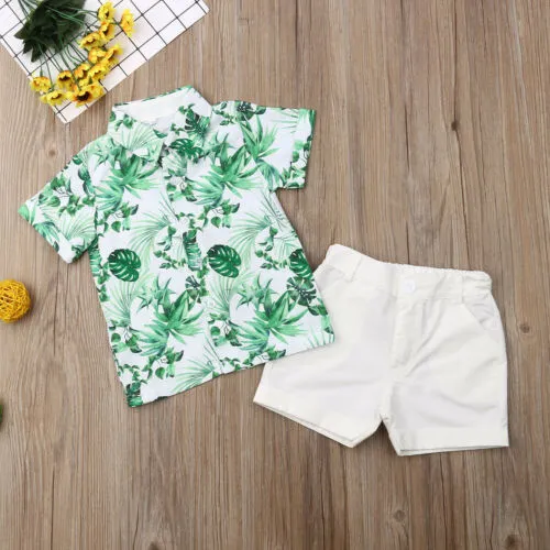 Baby Boy's Short Sleeve Leaf Print Button Down T-Shirt Tops + White Shorts