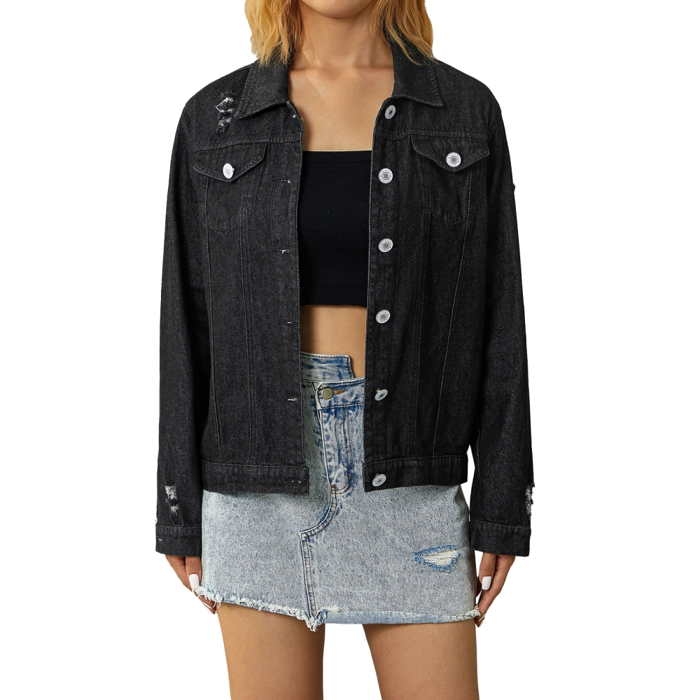 Women's Ripped Denim Jacket, Long Sleeve Button Up Slim Fit Jackets