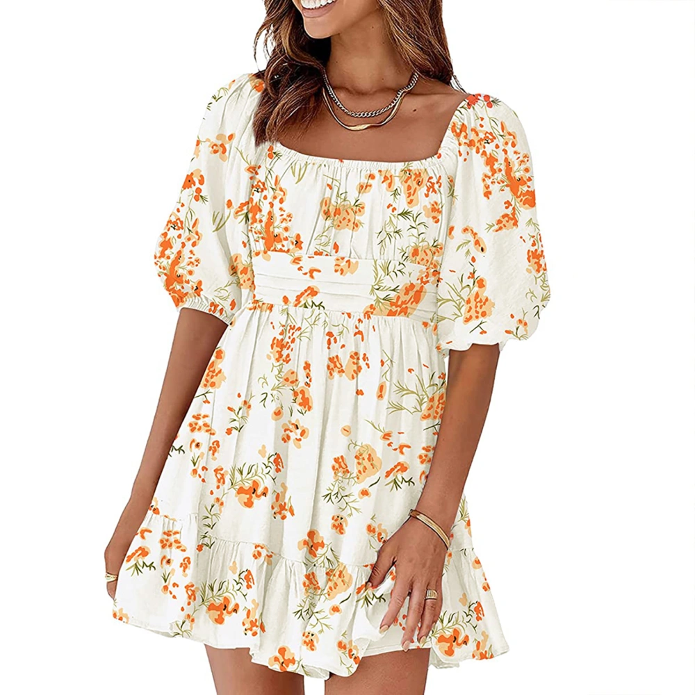 Women Summer Casual Mini Dress Floral Print Square Neck Dress