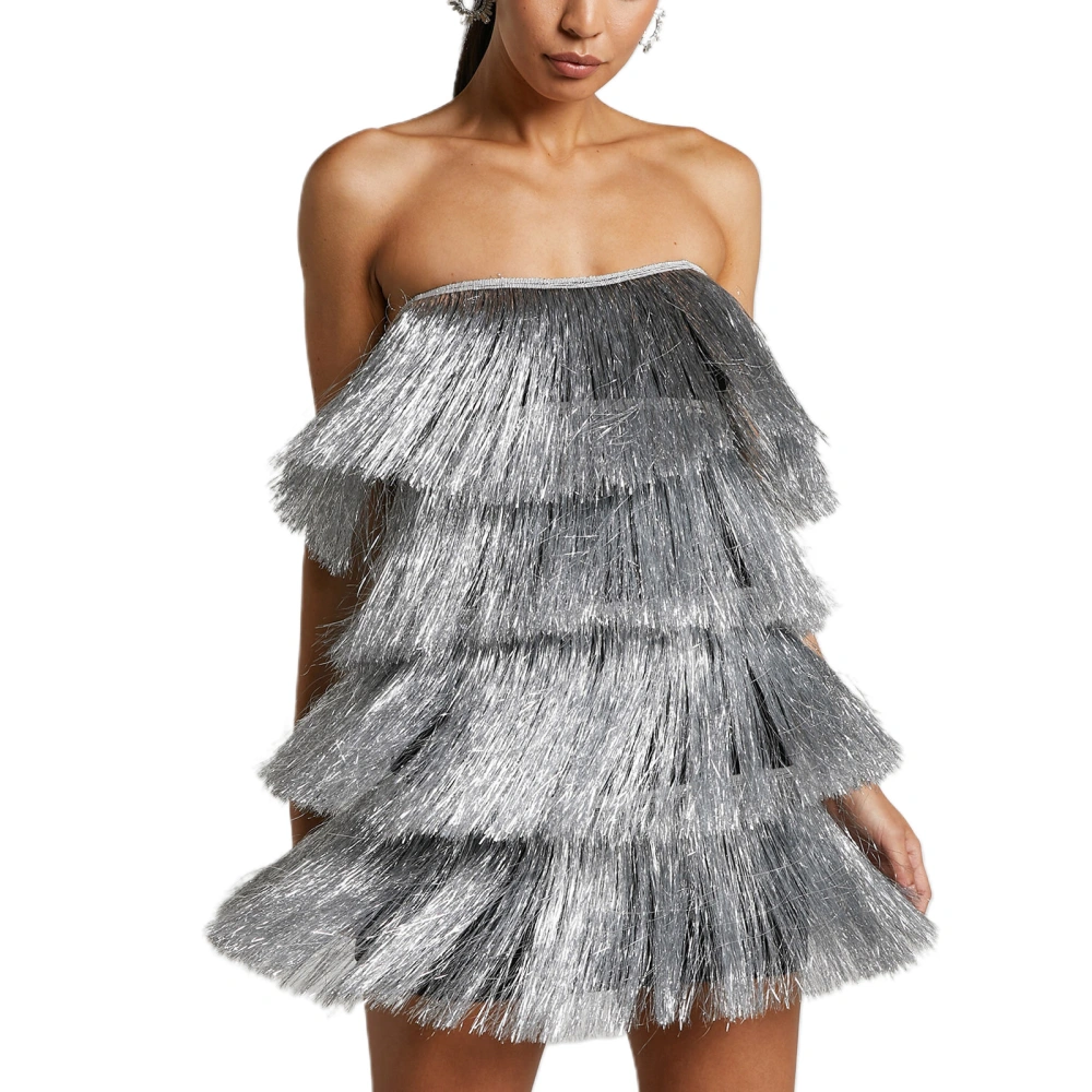 Women's Summer Silver Sleeveless Backless Off Shoulder Tassel Dress