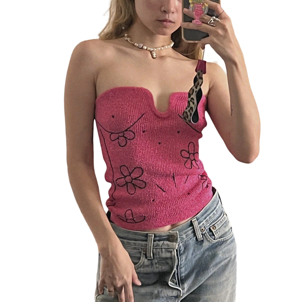 Women Knit Bandeau Tops, Strapless Notched U Neck Embroidery Tube Tops