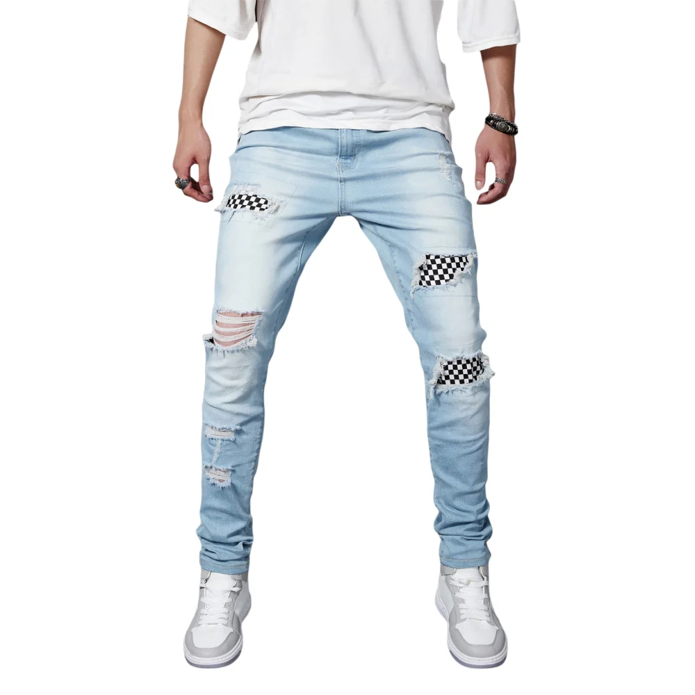 Men's Ripped Denim Pants, Mid Rise Tapered Leg Checkerboard Jeans