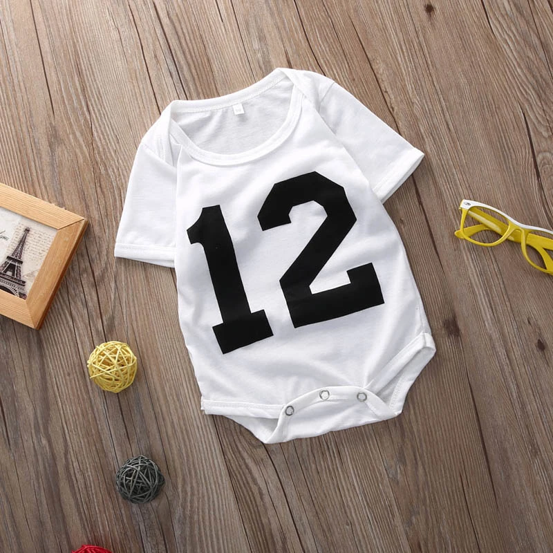 Baby's Number Printed One-piece Romper, Sports Style T-shirt Romper