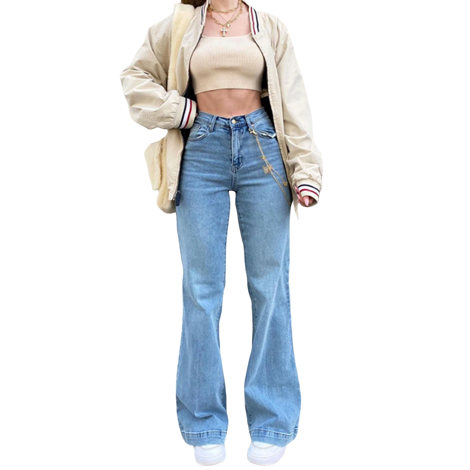 Women Denim Flared Pants Stretchy High Waist Bell Bottom Jeans