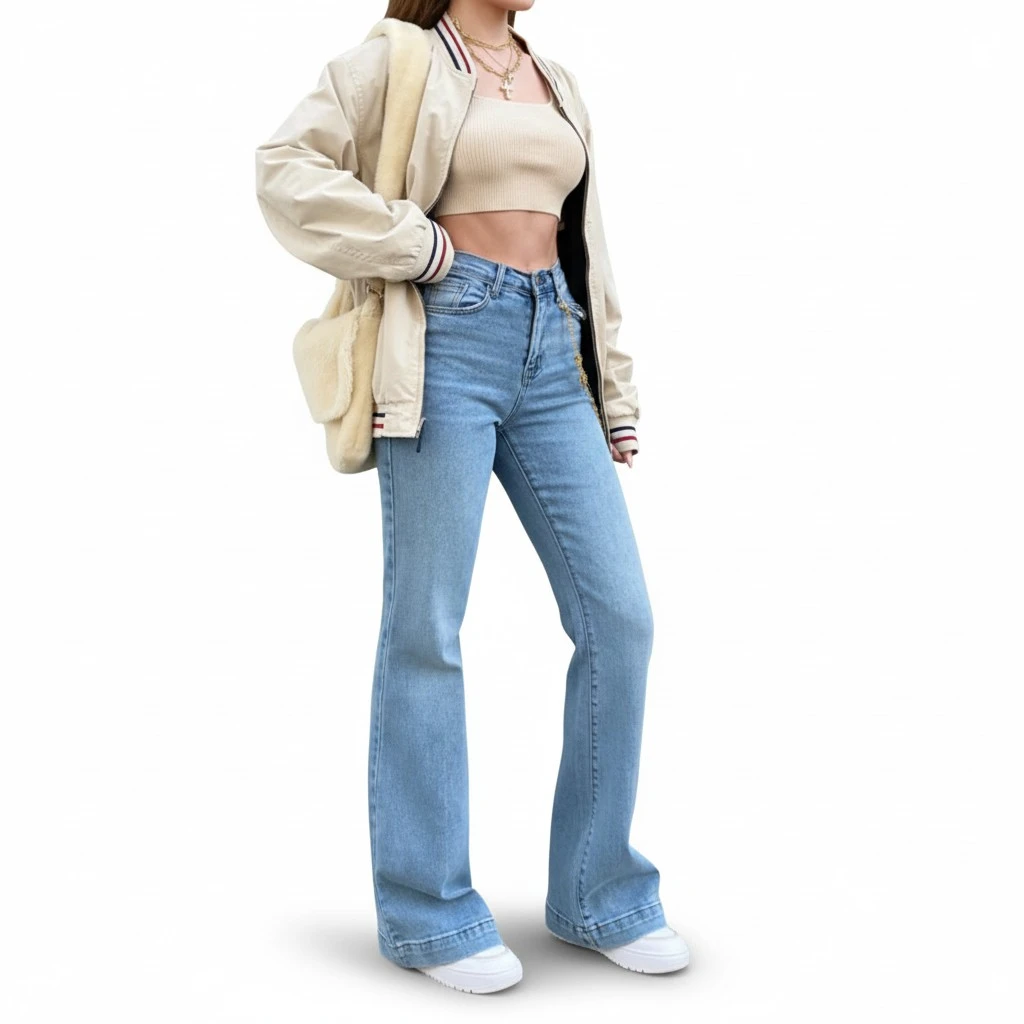 Women Denim Flared Pants Stretchy High Waist Bell Bottom Jeans
