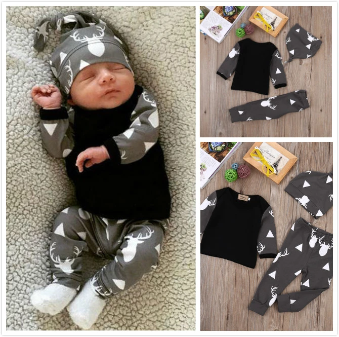 Baby 3PCS Outfit Set, Long Sleeve Round Neck Top, Deer Printed Pant, Beanie Hat