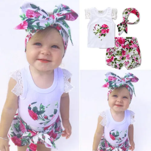 Girls 3 Pieces Outfit, Ruffle Lace Sleeve Vest + Floral Print Shorts + Headband