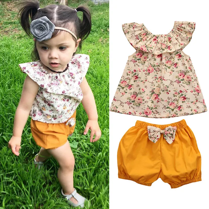 Baby Girls Summer Clothes Set Sleeveless Floral Ruffle Collar Top+Short Bloomers