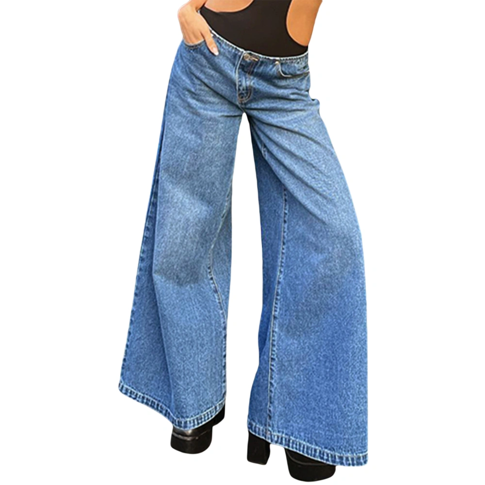 Women Low Rise Denim Pants Solid Color Loose Casual Wide Leg Jeans