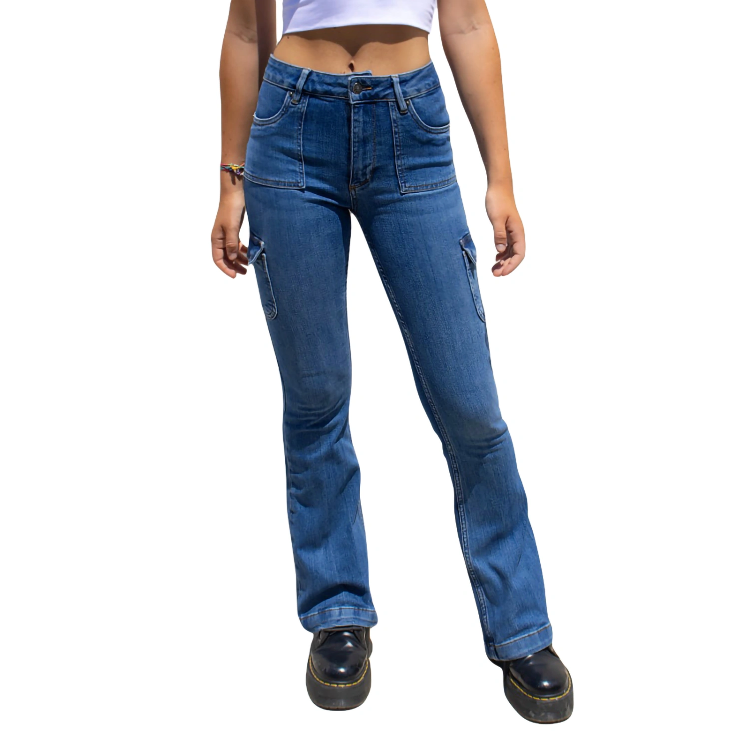 Women Flared Denim Pants High Waist Bell Bottom Jeans with Pockets