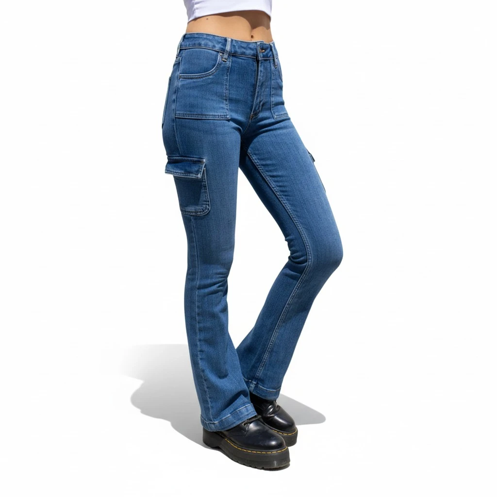 Women Flared Denim Pants High Waist Bell Bottom Jeans with Pockets