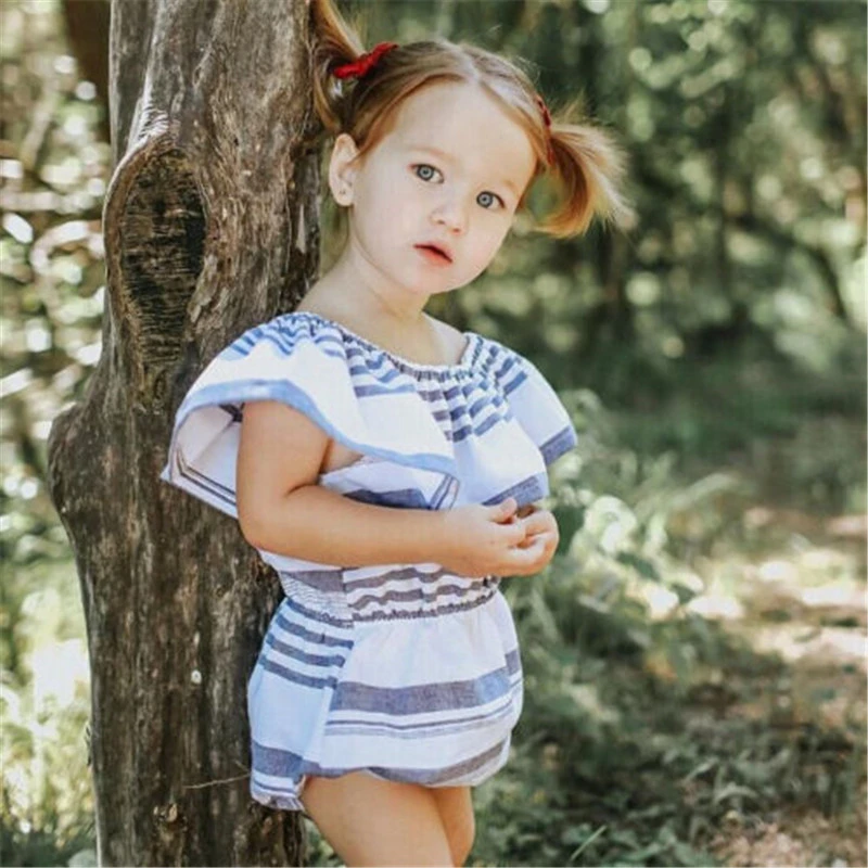 Baby Girls Summer Sleeveless Romper Stripe Ruffle O-neck High Waist Jumpsuit