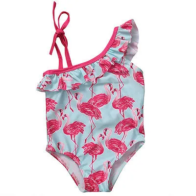 Little Girls Bathing Suit, Sleeveless Cute Flamingo Ruffle Straps Tie Swimwear