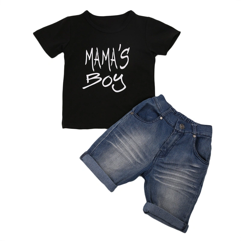 Baby Boys Summer Clothes Set Short Sleeve Letter Print T-shirt+Denim Shorts