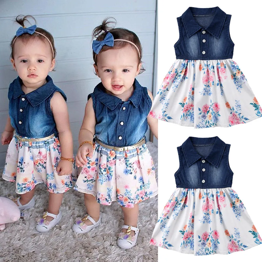 Toddler Baby Girls Flower Dress, Ruffles Sleeveless Tutu Denim Dress