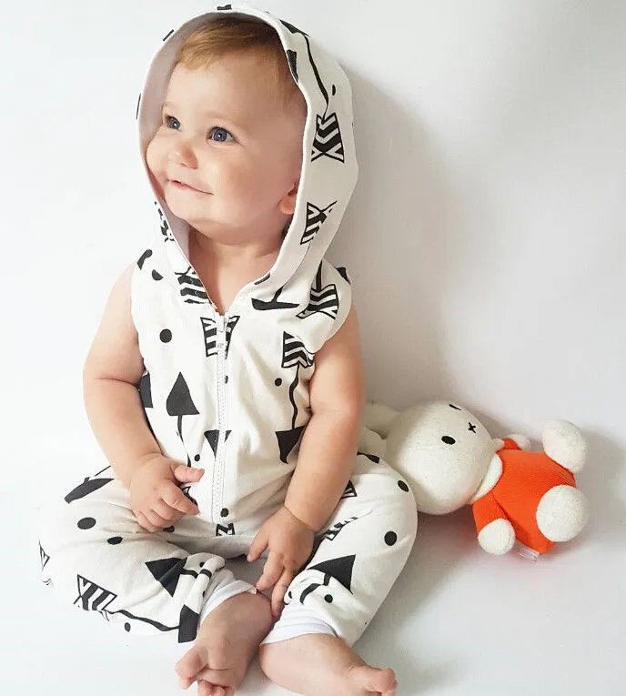 Boy Girls Hooded Sleeveless Jumpsuit Cartoon Arrow Zipper Closure Romper