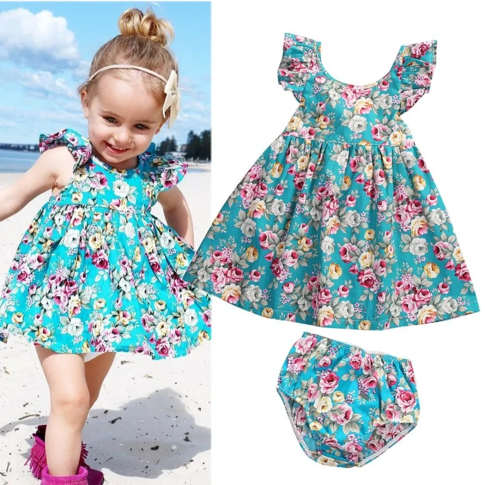 Girl 2Pcs Outfit, Floral Print Ruffled Fly Sleeve Dress + Shorts Set