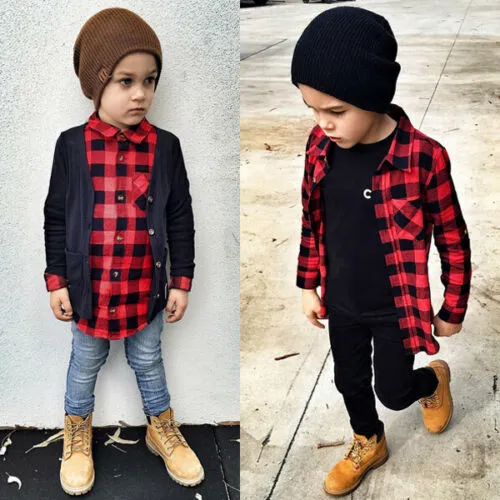 Baby Boy Girl Long Sleeve T Shirt Red Black Plaid Print Blouse