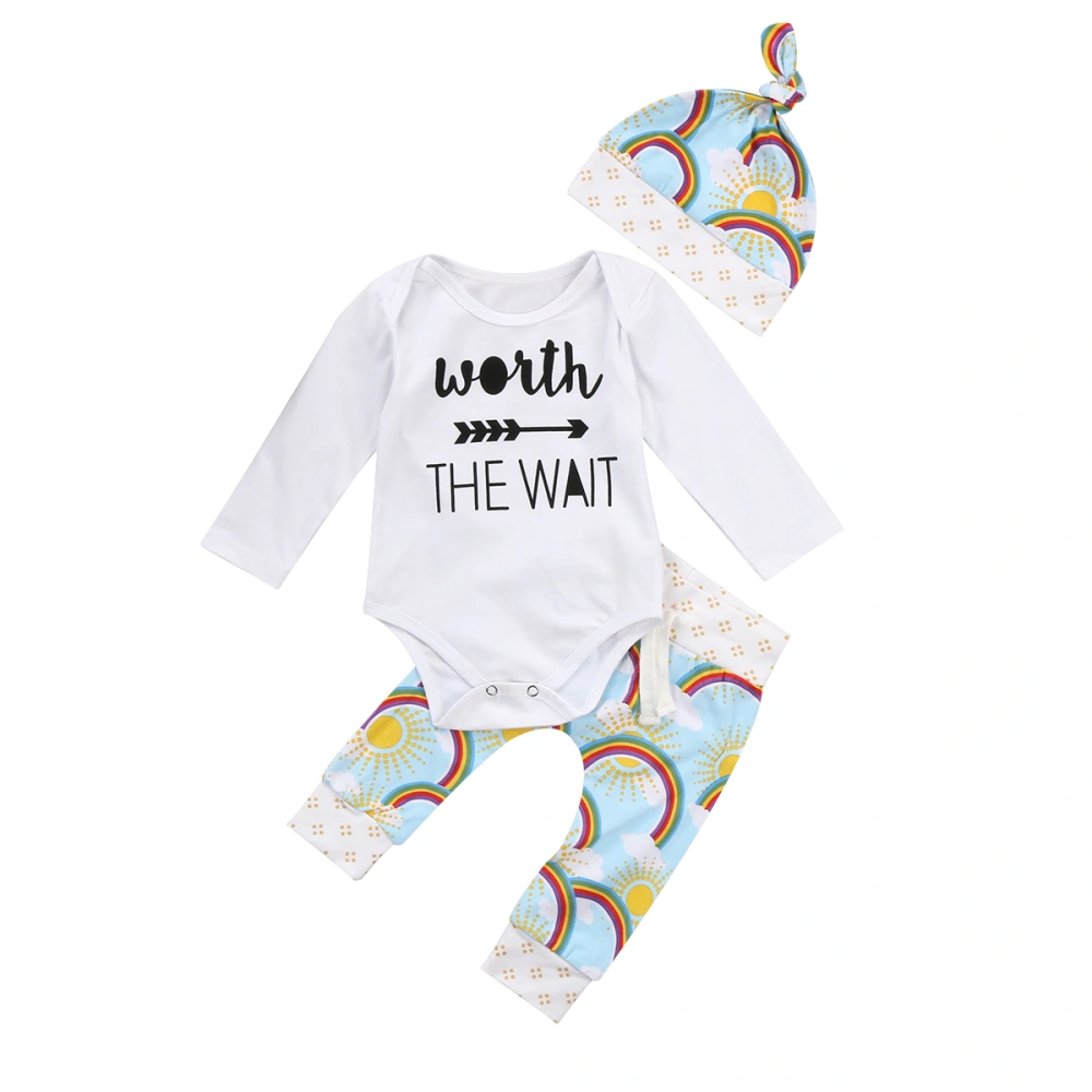 Girl's White Letter & Arrow Print Romper + Rainbow Print Pants + Hat