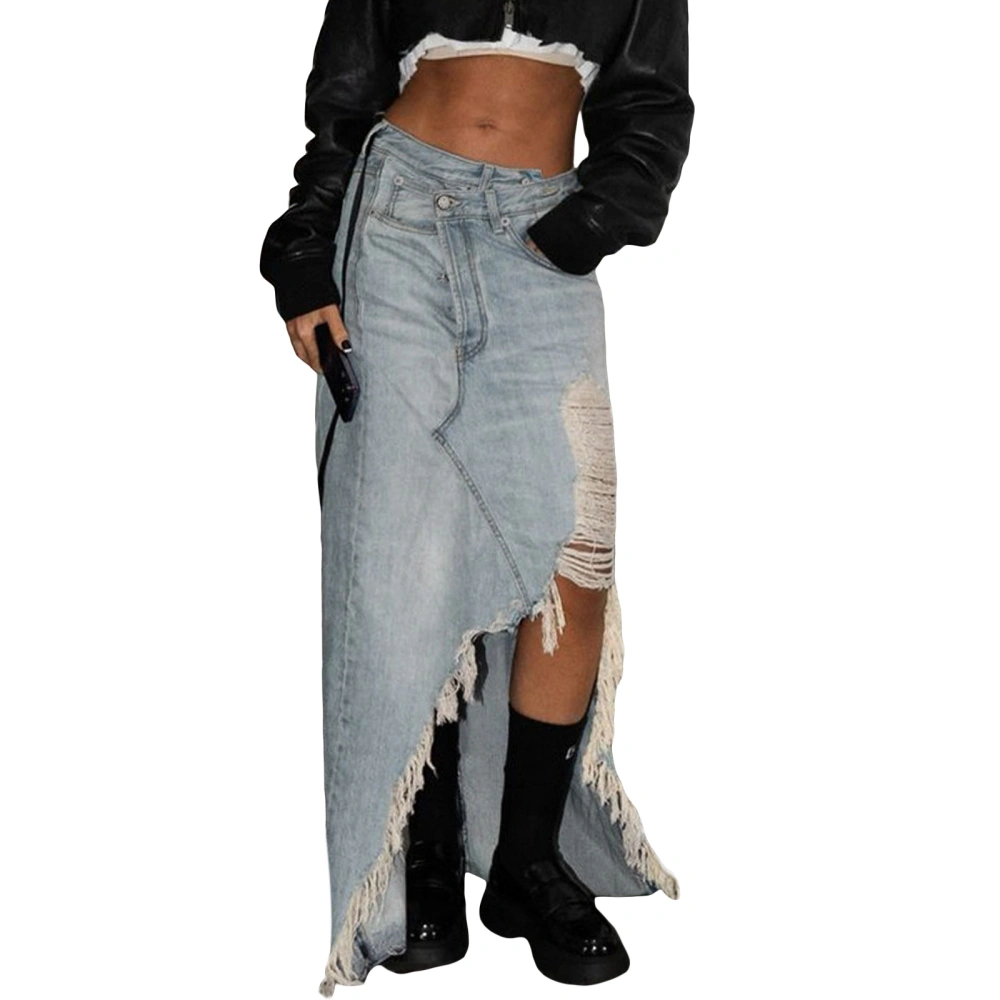 Women's Split Long Denim Skirts Frayed Raw Hem Midi Jean Skirts