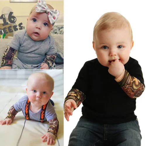 Baby Boys Long Sleeve Romper Fake Tattoo Print Patchwork Round Collar Jumpsuit