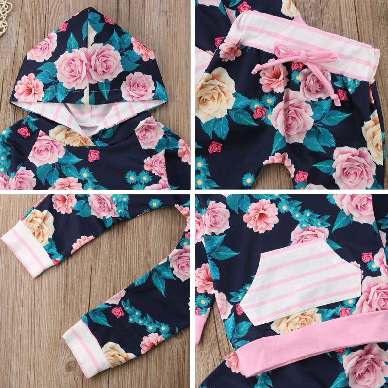 Baby Girl's Long Sleeve Hooded Top + Drawstring Floral Print Pants Sets