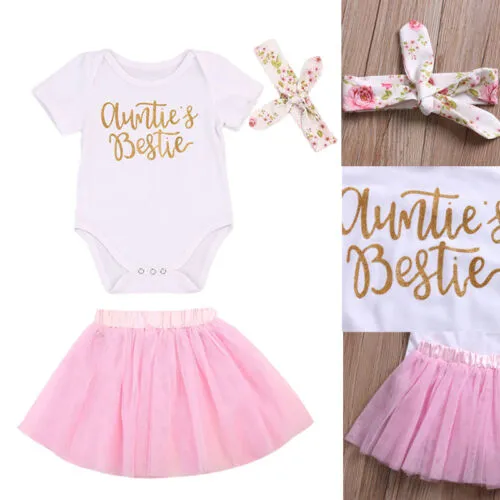 3Pcs Girls Outfit, Letter Print Romper + Tutu Skirts + Headband Set