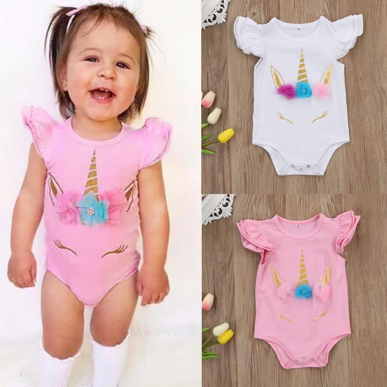 Baby Girls Flying Sleeve Romper Cute Unicorn Print Cotton Jumpsuit