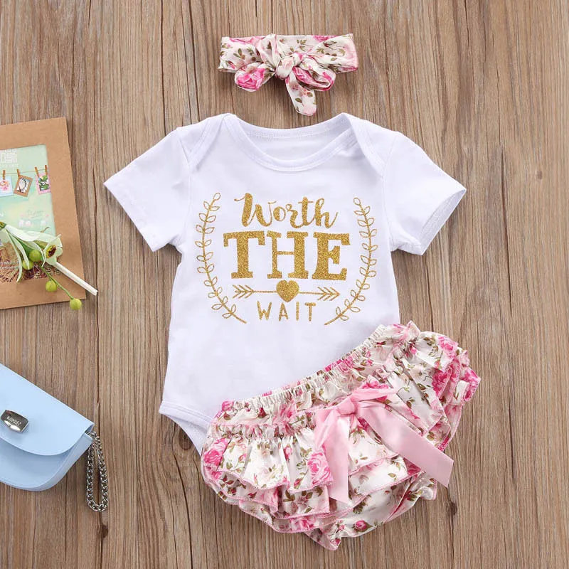 Baby's Floral Romper Suit, Short Sleeve Round Neck Romper Short Bow Hairband