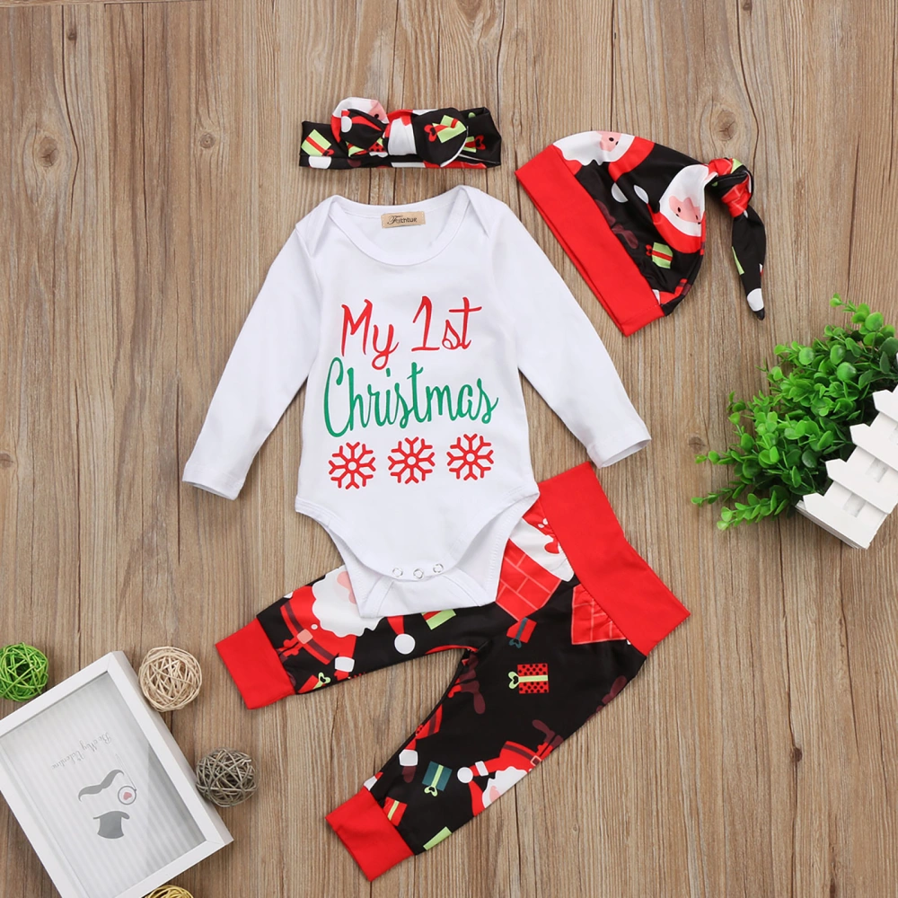 Baby Xmas 4PCS Outfit Set Letter Romper+Long Pants+ Bow Hair Band+Beanie Hat