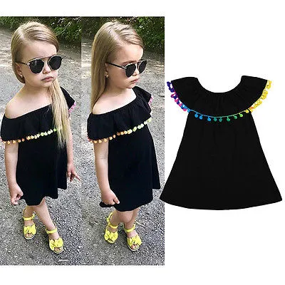 Baby Girl Off Shoulder Dress Color Tassel Pompom A-line Dress