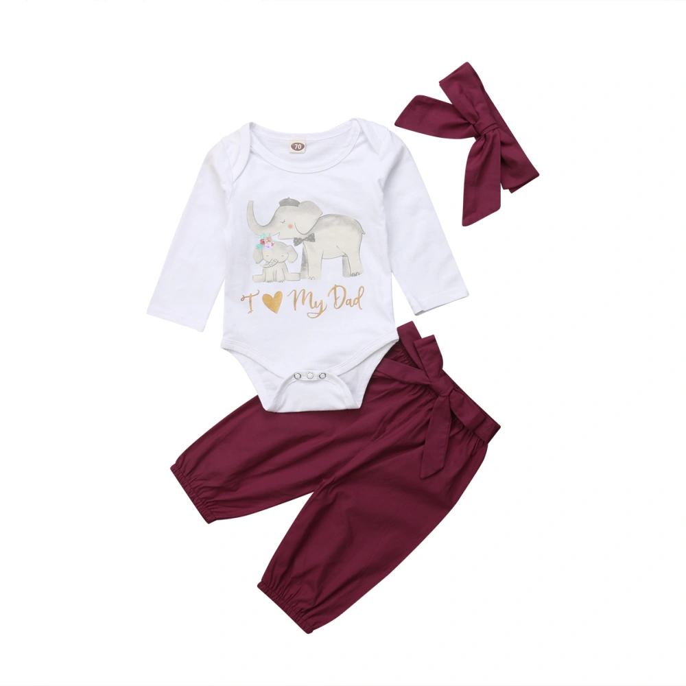 Baby Girl's White Letter and Elephant Romper + Wine Red Pants + Headband