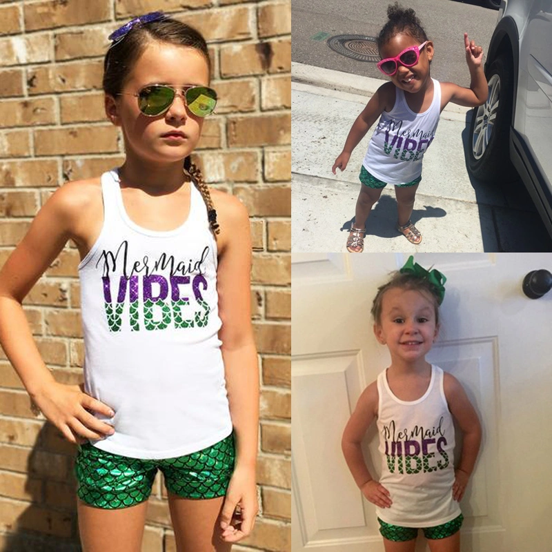 Baby Girl's Sleeveless Letter Print Tank Top + Green Fish Scale Print Shorts