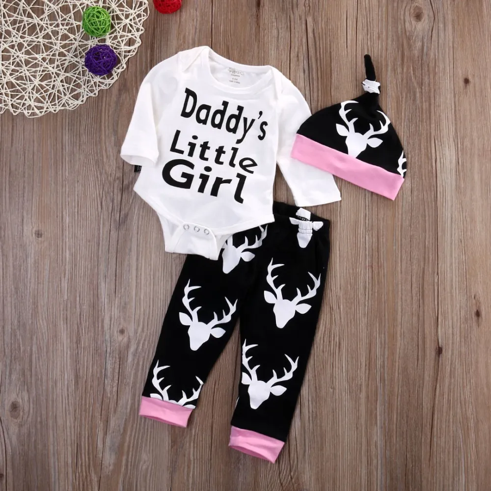 Baby Girls Long Sleeve Letter Romper + Deer Head Long Pants + Hat