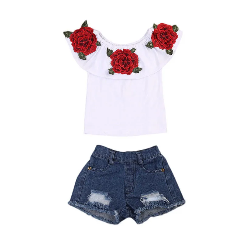 Baby Girls Clothes Outfits Flower Print Ruffled Off Shoulder T-shirt + Shorts