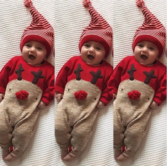 Baby Unisex Deer Rompers with Hat, O Neck Christmas Festival Jumpsuit Hat Siut