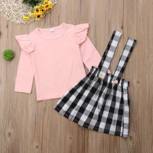 Little Girls 2PCS Outfit Set, Long Sleeve Ruffle Top, Plaid Suspender Skirt