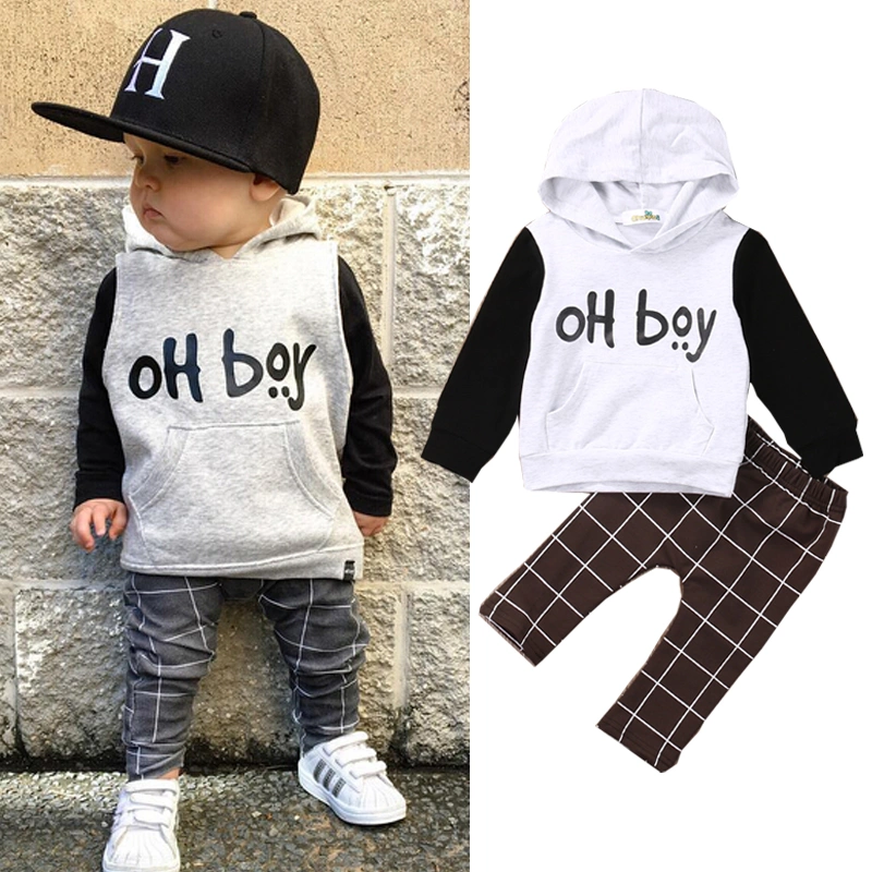 Baby Boy's Long Sleeve Letter Print Patchwork Hooded Top + Plaid Pants