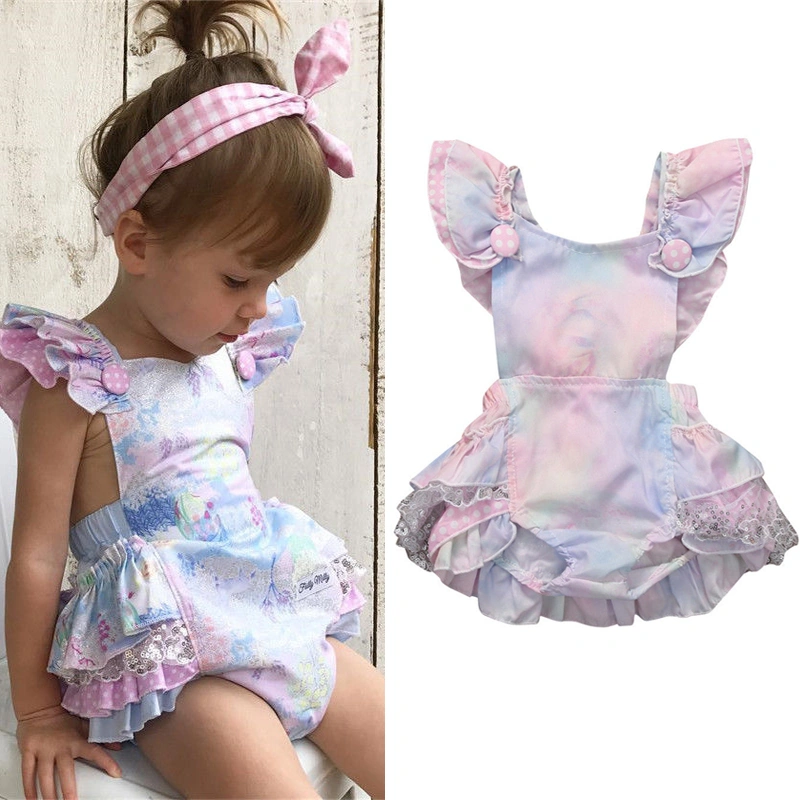 Baby Girls Flying Sleeve Romper Vintage Sequins Lace Floral Jumpsuit