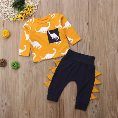 2Pcs Baby Boy Clothes Set Long Sleeve Dinosaur Print Top + Long Pants