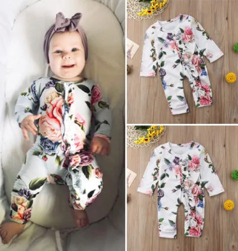 Infant Girls Bodysuit, Flower Ruffle Button-Down Long Pants Jumpsuit