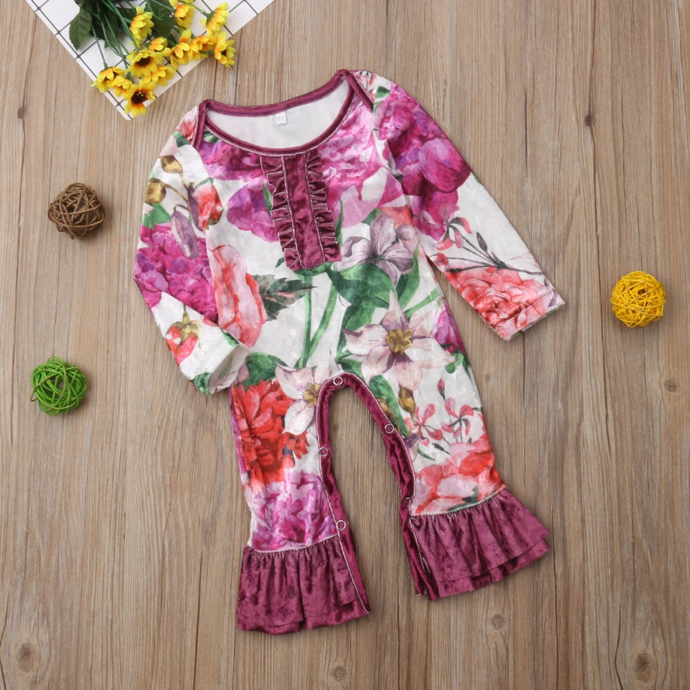 Newborn Kids Variegated Jumpsuit Clothes, Floral Long Sleeve Flare Bodysuit